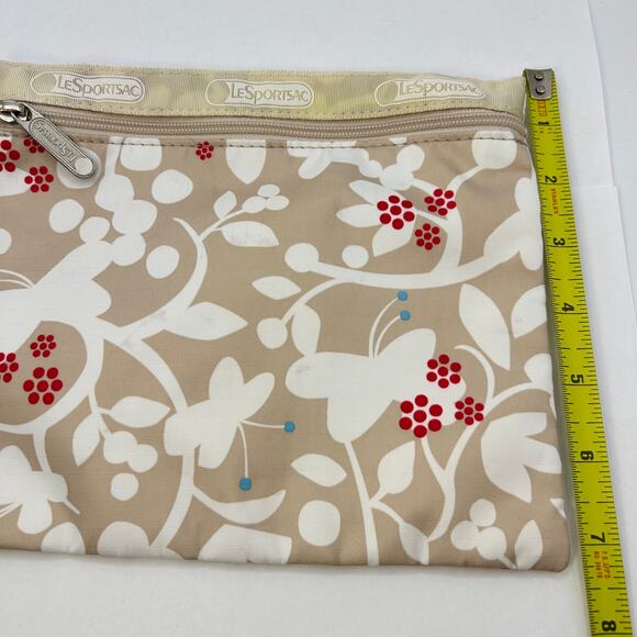 Le Sportsac Classic 1 Zip Cosmetic Pouch MakeUp Bag Beige Floral Butterfly Print - Picture 4 of 6